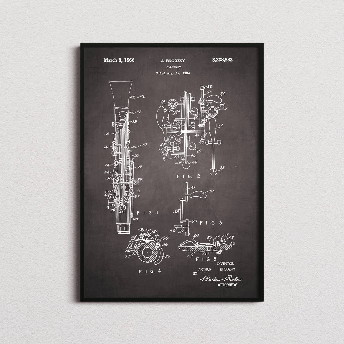 Clarinet Patent Print in the blackboard colourway, framed