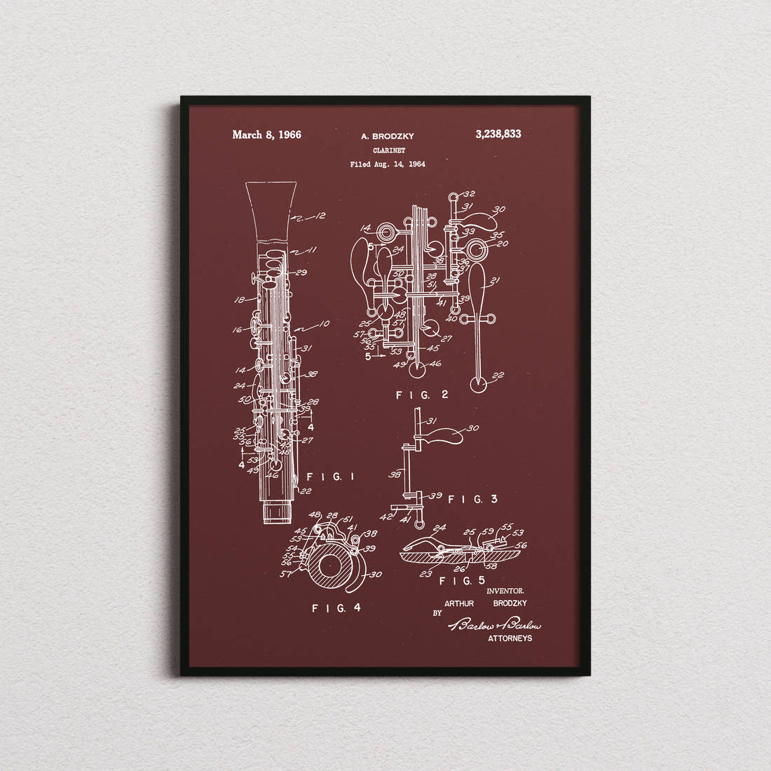 Clarinet Patent Print in the burgundy colourway, framed