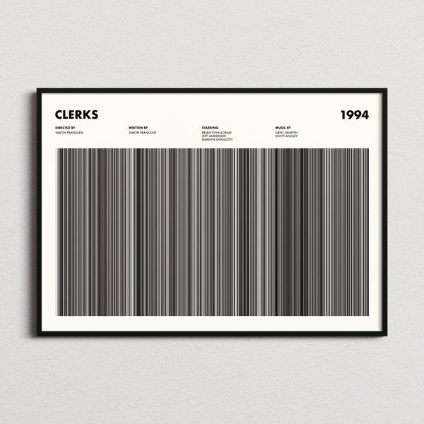 Clerks Movie Barcode Poster framed and photographed straight on
