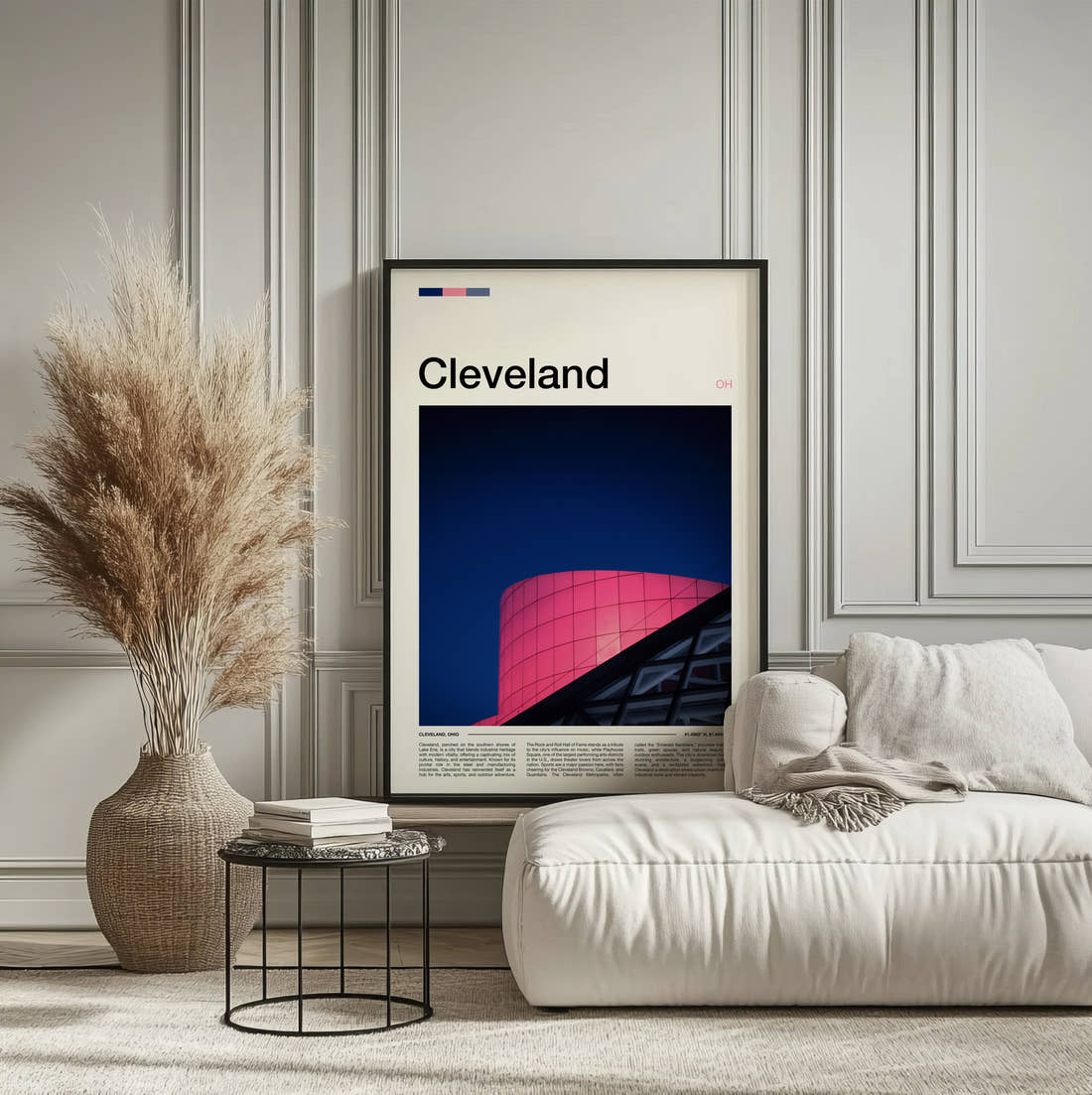 Cleveland Pink Glass Facade Travel Print framed on the wall of a calm, neutral bedroom