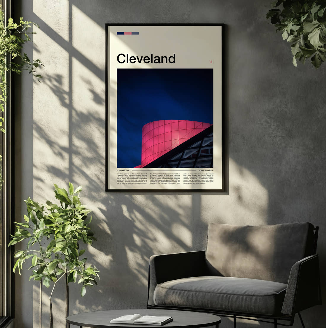 Cleveland Pink Glass Facade Travel Print framed on the wall of a relaxed living room