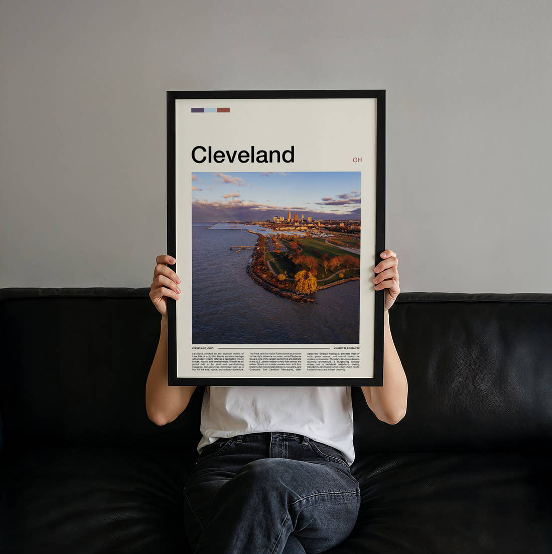 Cleveland Aerial View Of The Shoreline Travel Print held up by hand to show the size of the print
