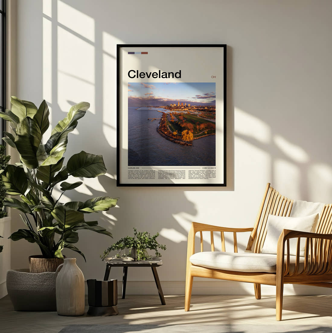 Cleveland Aerial View Of The Shoreline Travel Print framed on a pale wall beside houseplants