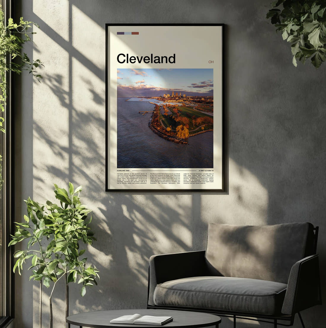 Cleveland Aerial View Of The Shoreline Travel Print framed on the wall of a relaxed living room
