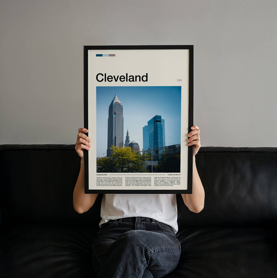 Cleveland Skyscrapers Travel Print held up by hand to show the size of the print