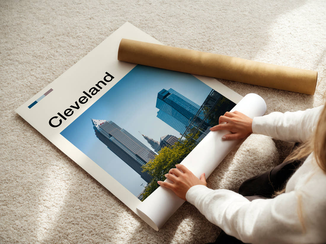 Cleveland Skyscrapers Travel Print being unrolled from its postal tube