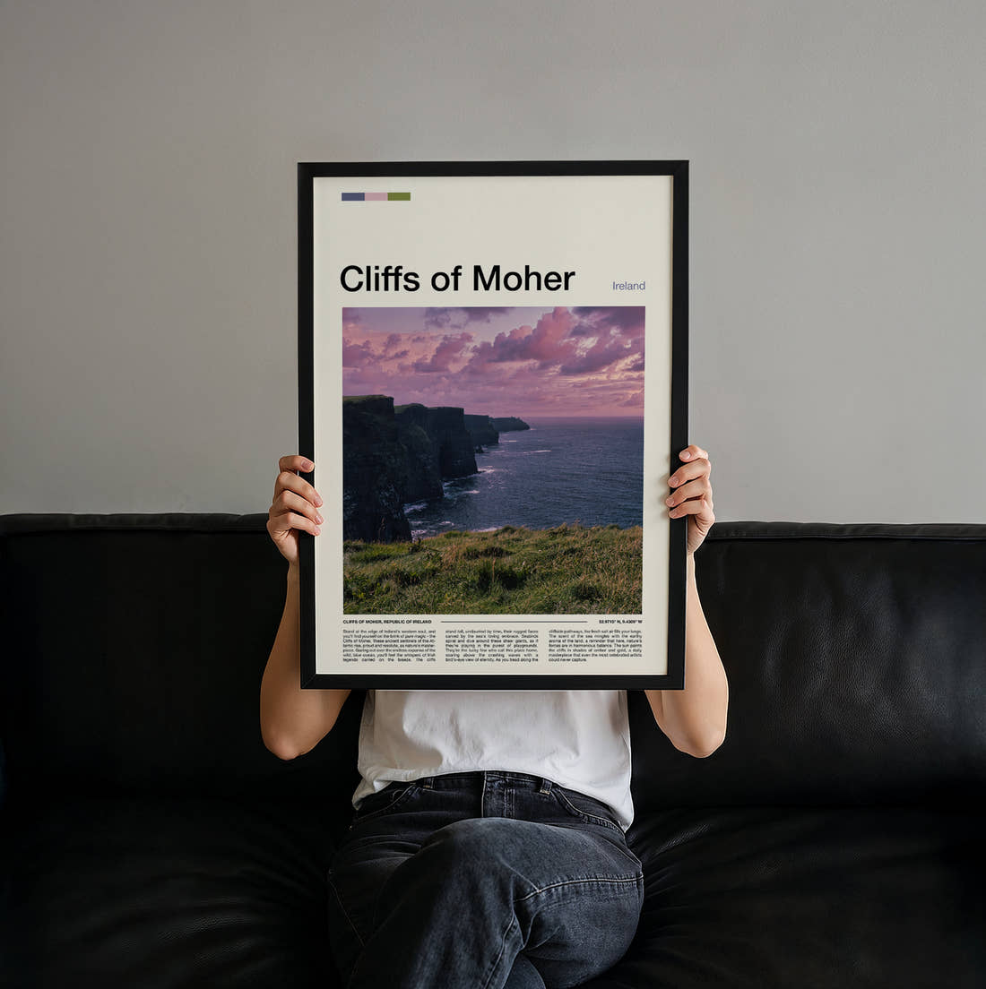 Cliffs Of Moher Sea Cliffs At Dusk Travel Print held up by hand to show the size of the print