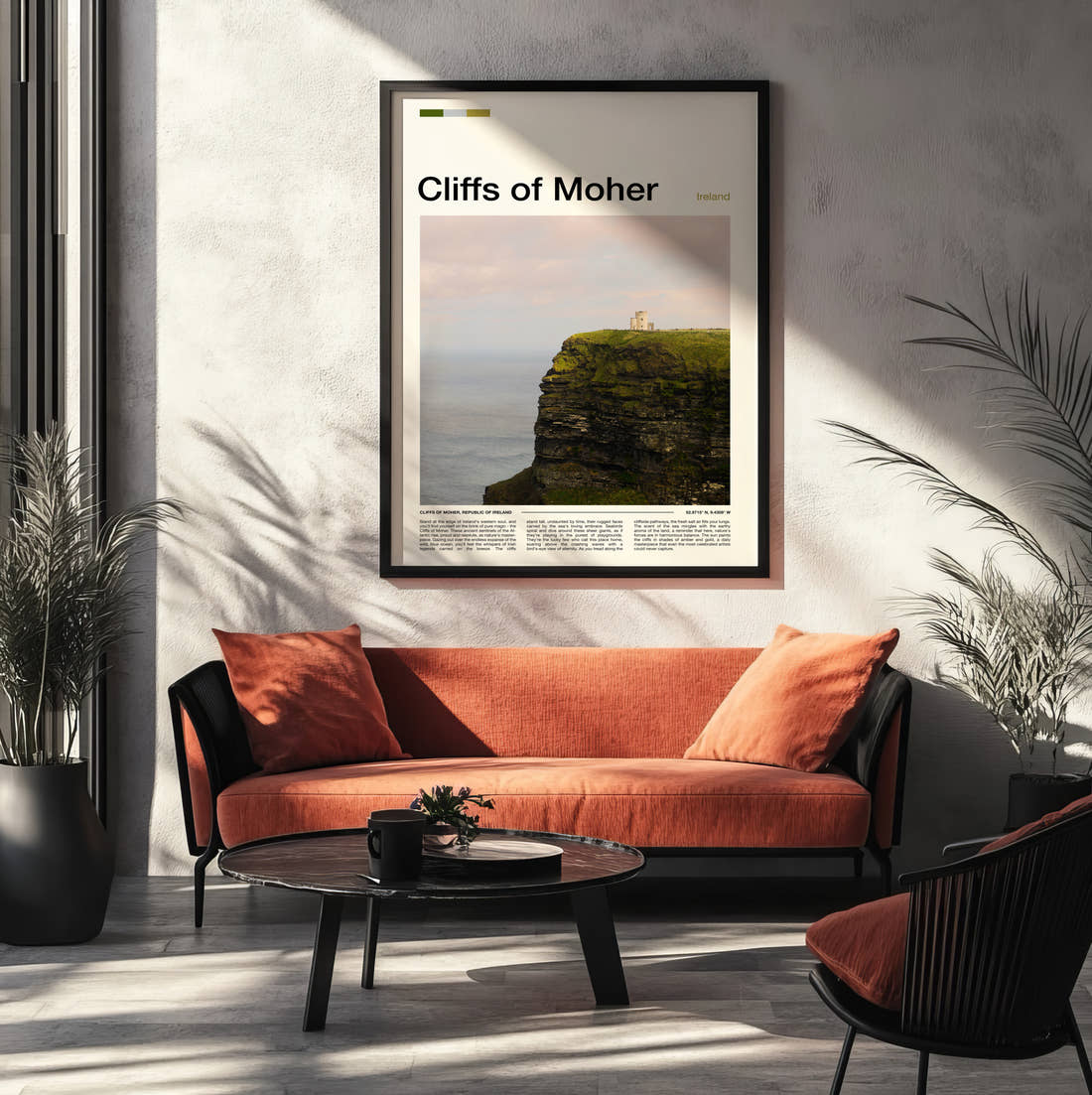 Cliffs Of Moher Cliff Edge Travel Print framed on the wall of a modern living room