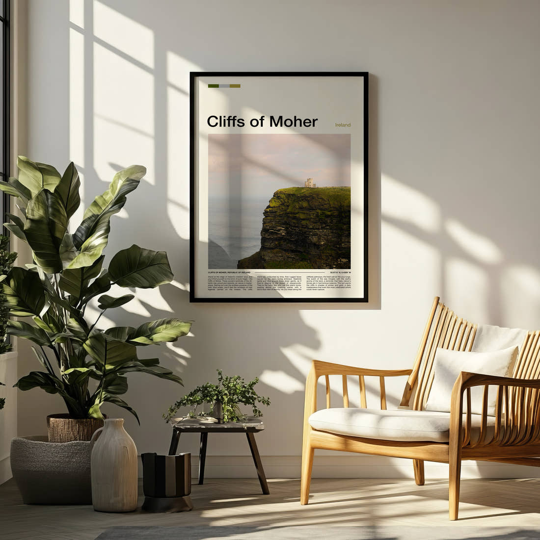 Cliffs Of Moher Cliff Edge Travel Print framed on a pale wall beside houseplants