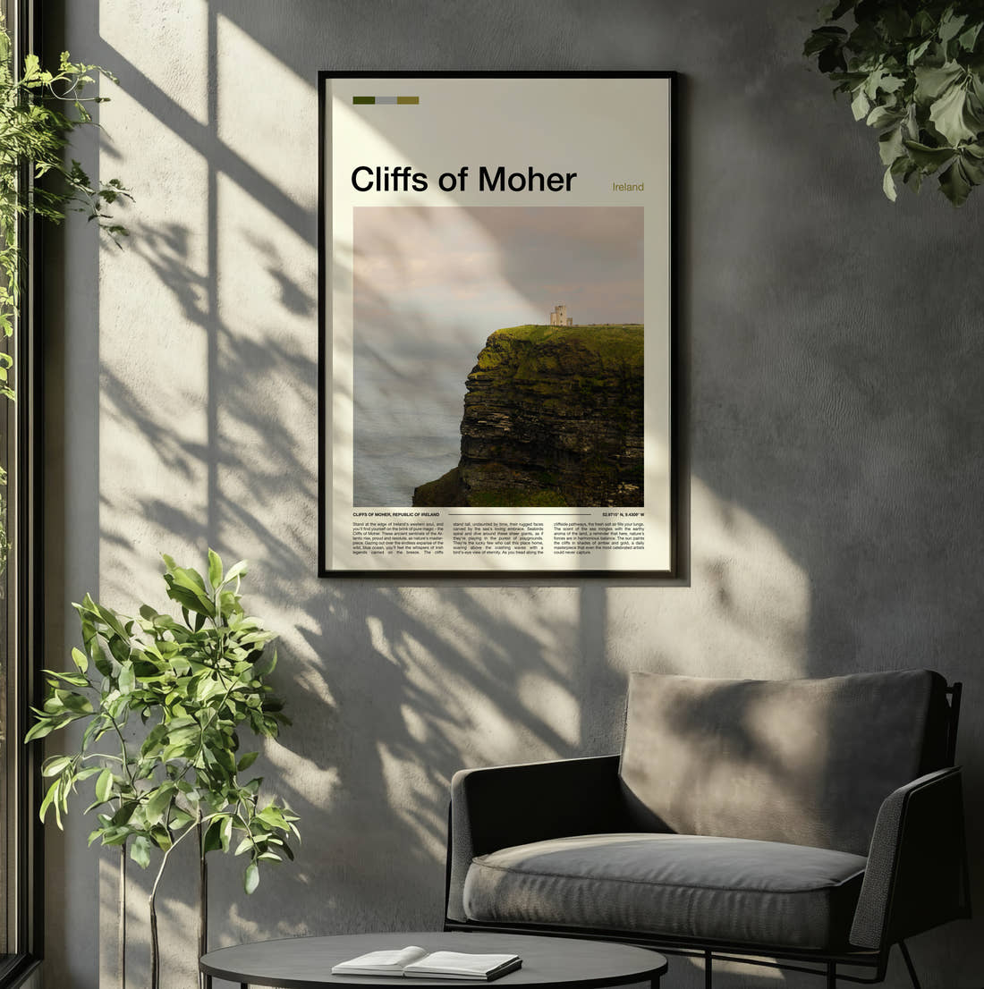 Cliffs Of Moher Cliff Edge Travel Print framed on the wall of a relaxed living room