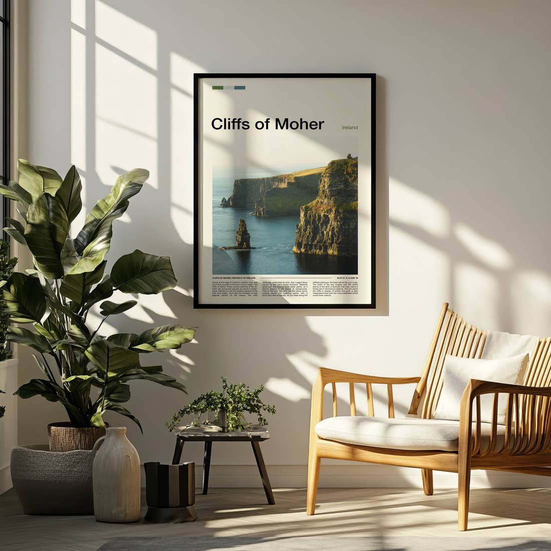 Cliffs Of Moher Sea Stack Below The Cliffs Travel Print framed on a pale wall beside houseplants
