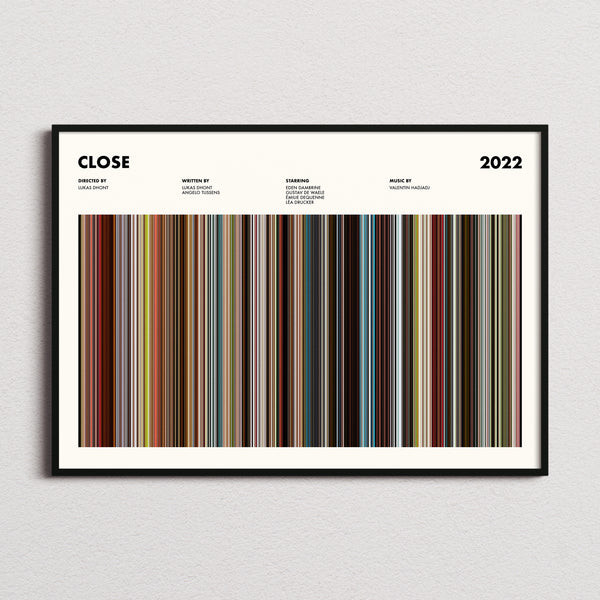 Close Movie Barcode Poster framed and photographed straight on