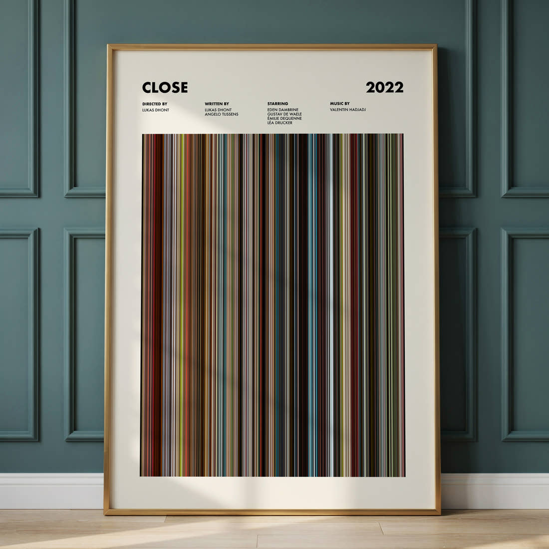 Close Movie Barcode Poster framed and leaning against a panelled wall