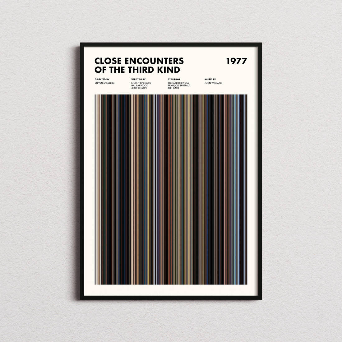 Close Encounters of the Third Kind Movie Barcode Poster framed on a plain studio wall