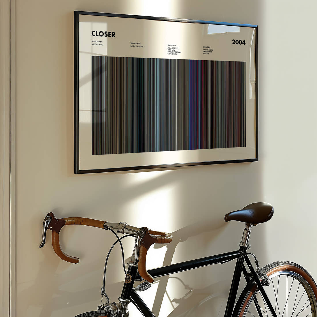 Closer Movie Barcode Poster framed on the wall of a styled room setting