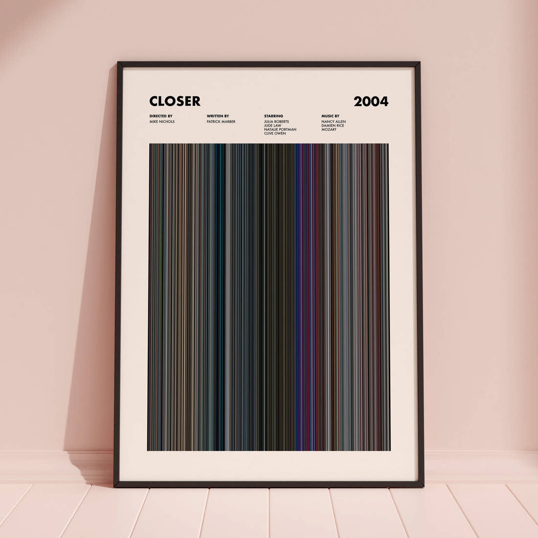 Closer Movie Barcode Poster framed and leaning against a coloured wall