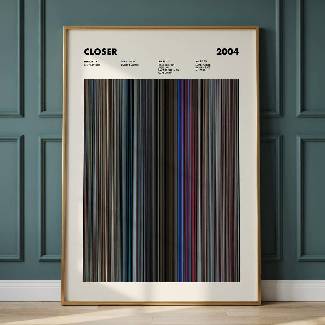 Closer Movie Barcode Poster framed and leaning against a panelled wall