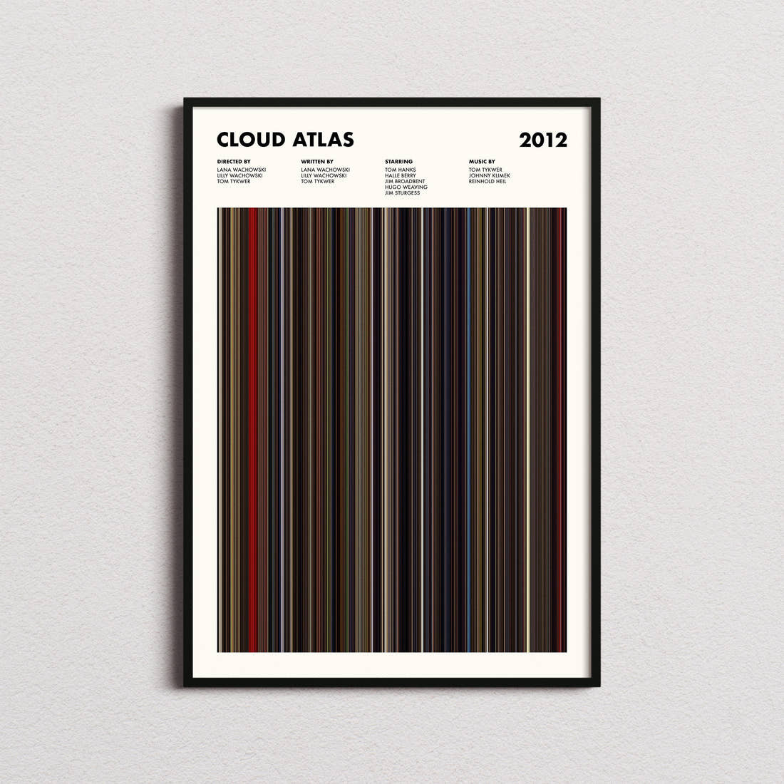 Cloud Atlas Movie Barcode Poster framed on a plain studio wall