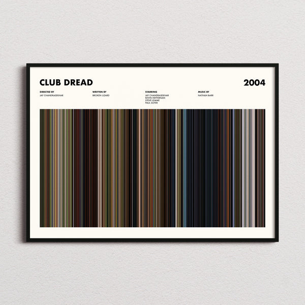 Club Dread Movie Barcode Poster framed and photographed straight on