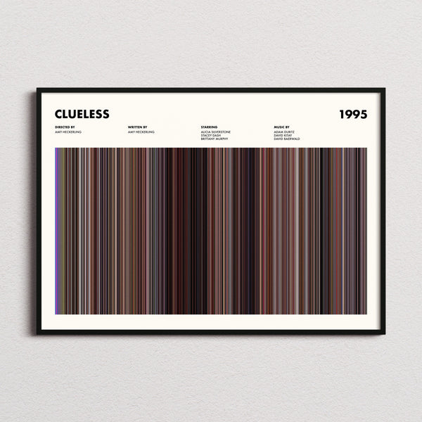 Clueless Movie Barcode Poster framed and photographed straight on