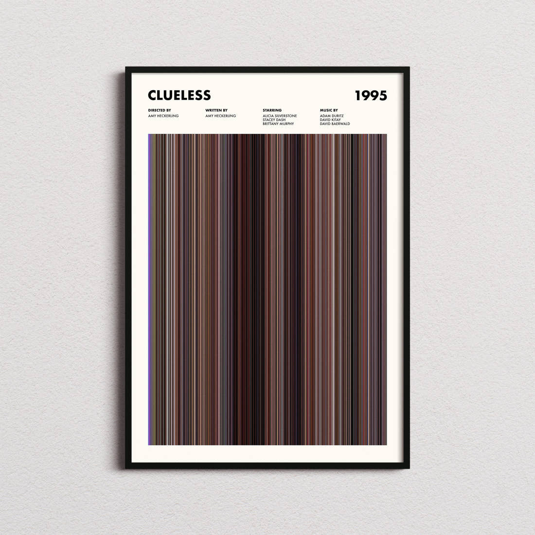 Clueless Movie Barcode Poster framed on a plain studio wall