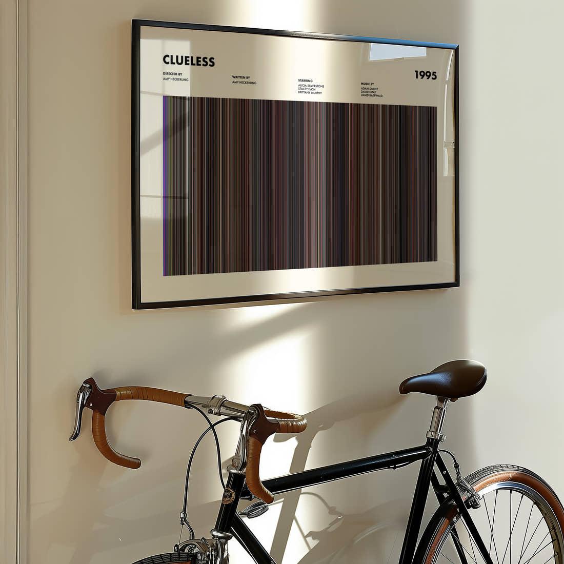 Clueless Movie Barcode Poster framed on the wall of a styled room setting