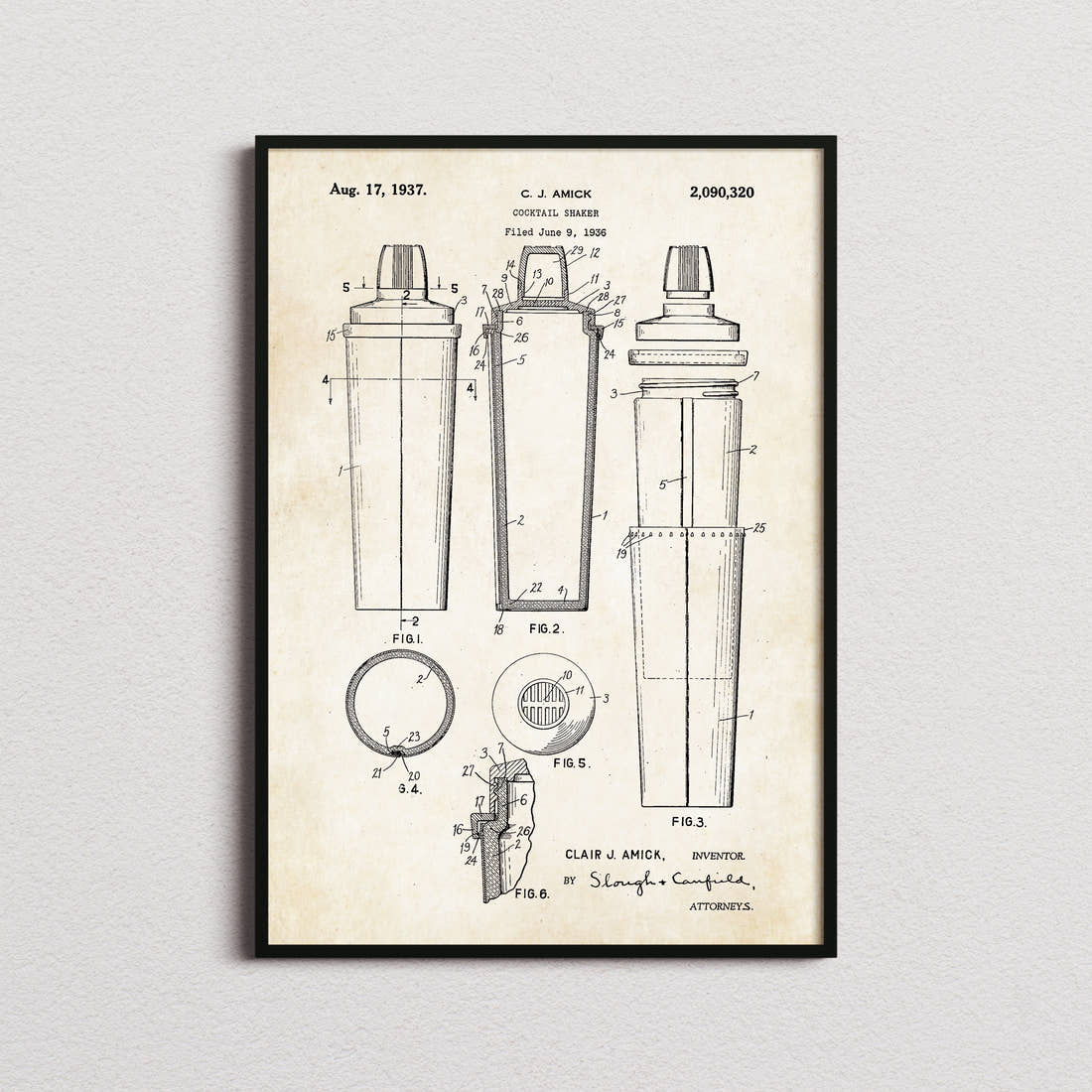 Cocktail Shaker Patent Print in the aged paper colourway, framed