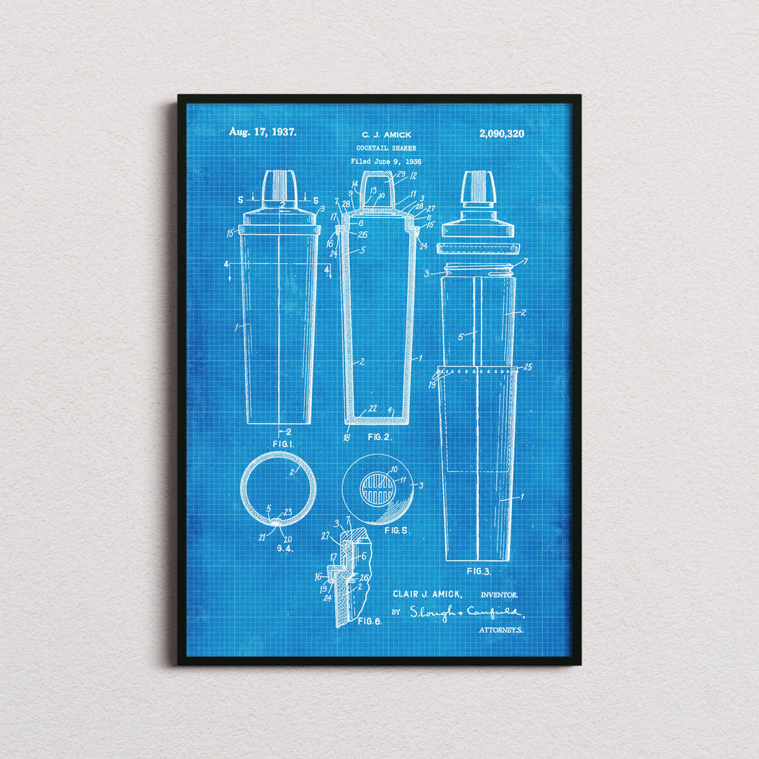 Cocktail Shaker Patent Print in the blueprint colourway, framed
