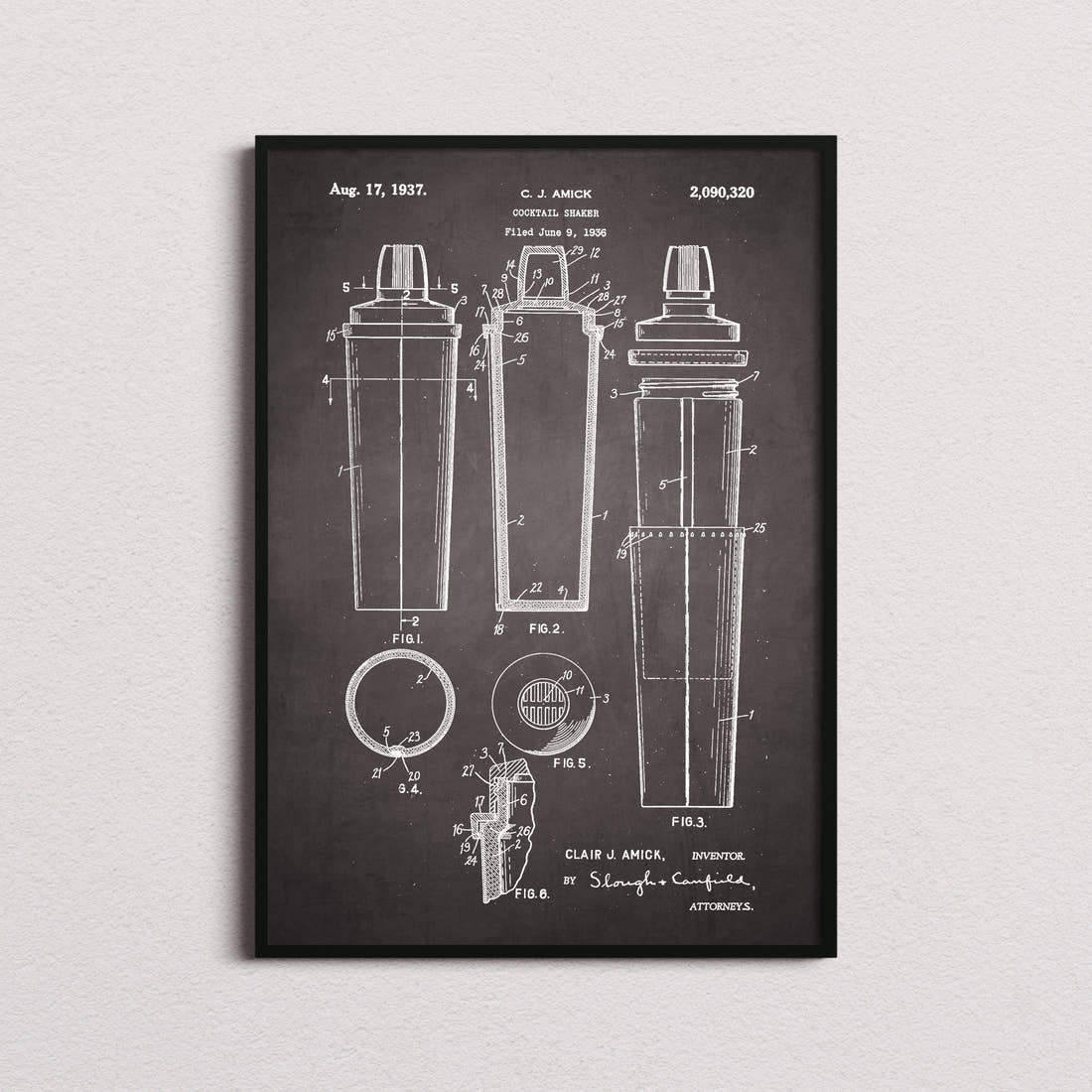 Cocktail Shaker Patent Print in the blackboard colourway, framed