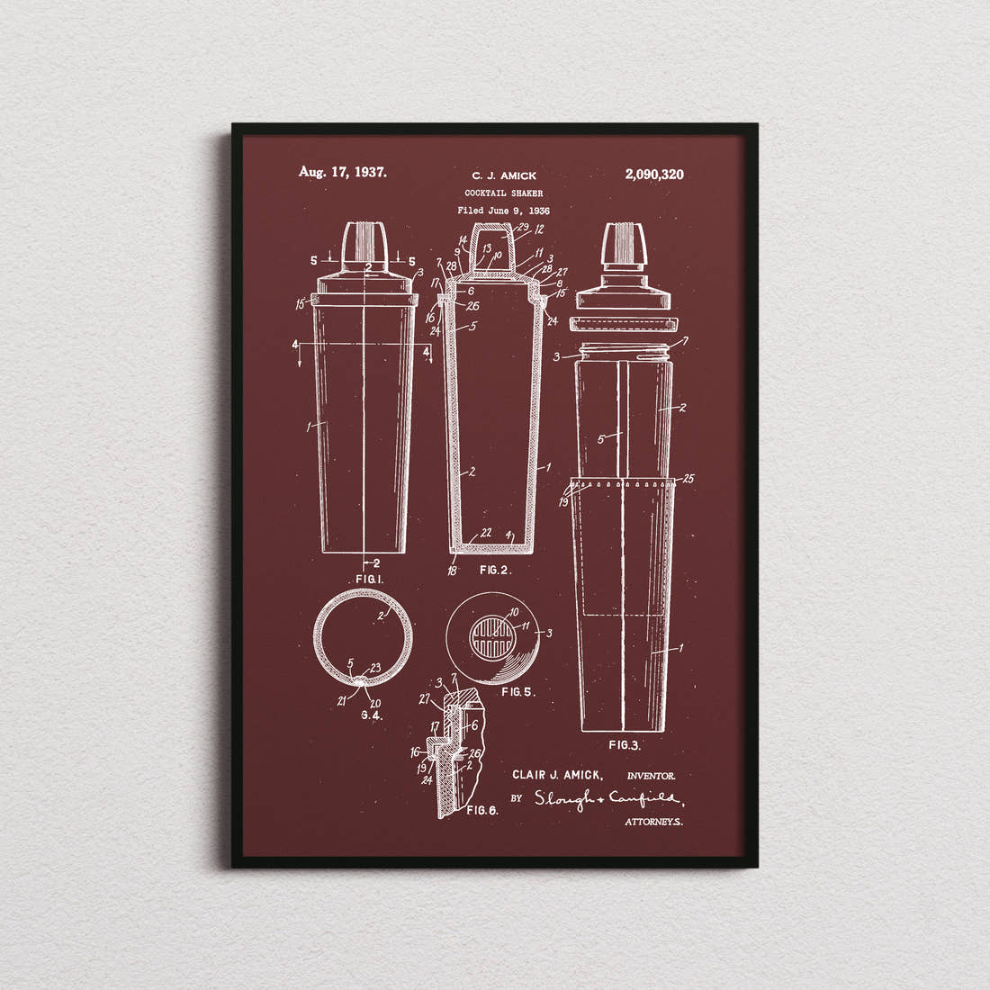 Cocktail Shaker Patent Print in the burgundy colourway, framed