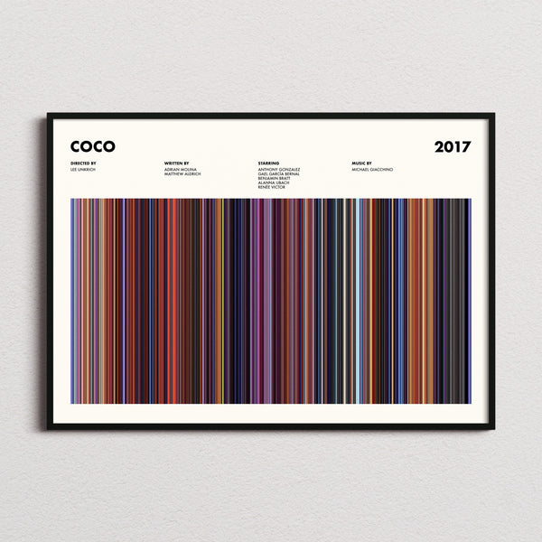Coco Movie Barcode Poster framed and photographed straight on