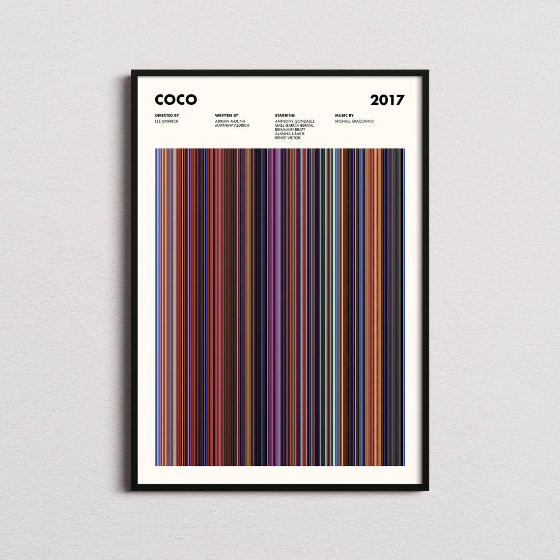 Coco Movie Barcode Poster framed on a plain studio wall