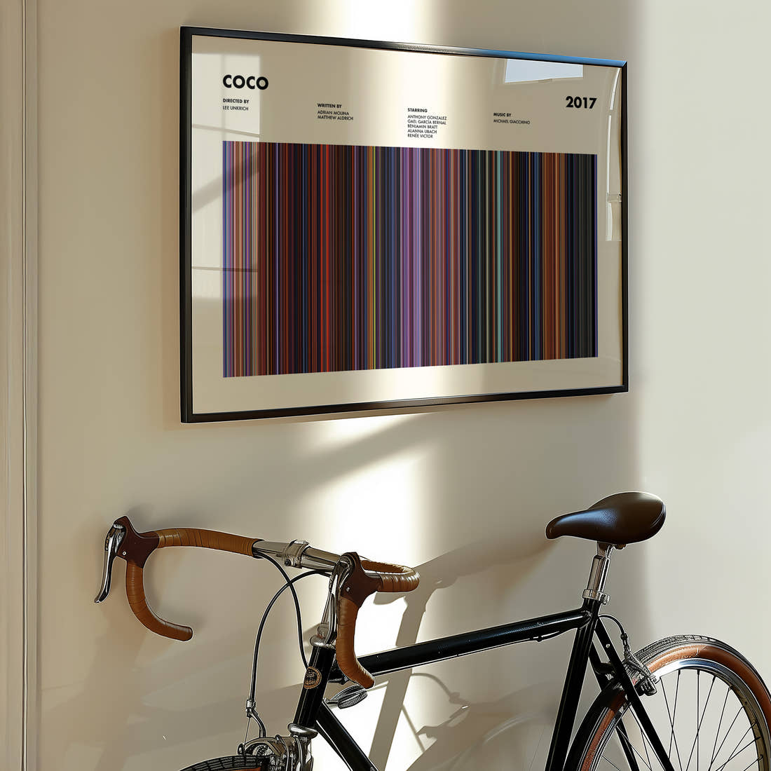 Coco Movie Barcode Poster framed on the wall of a styled room setting