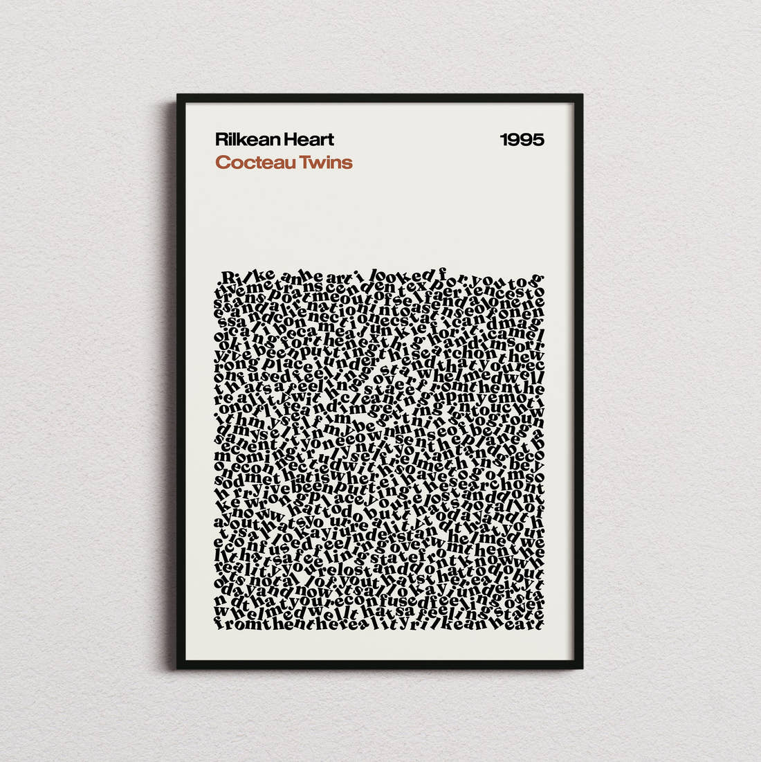 Cocteau Twins Rilkean Heart Lyric Print in the cream colourway, framed