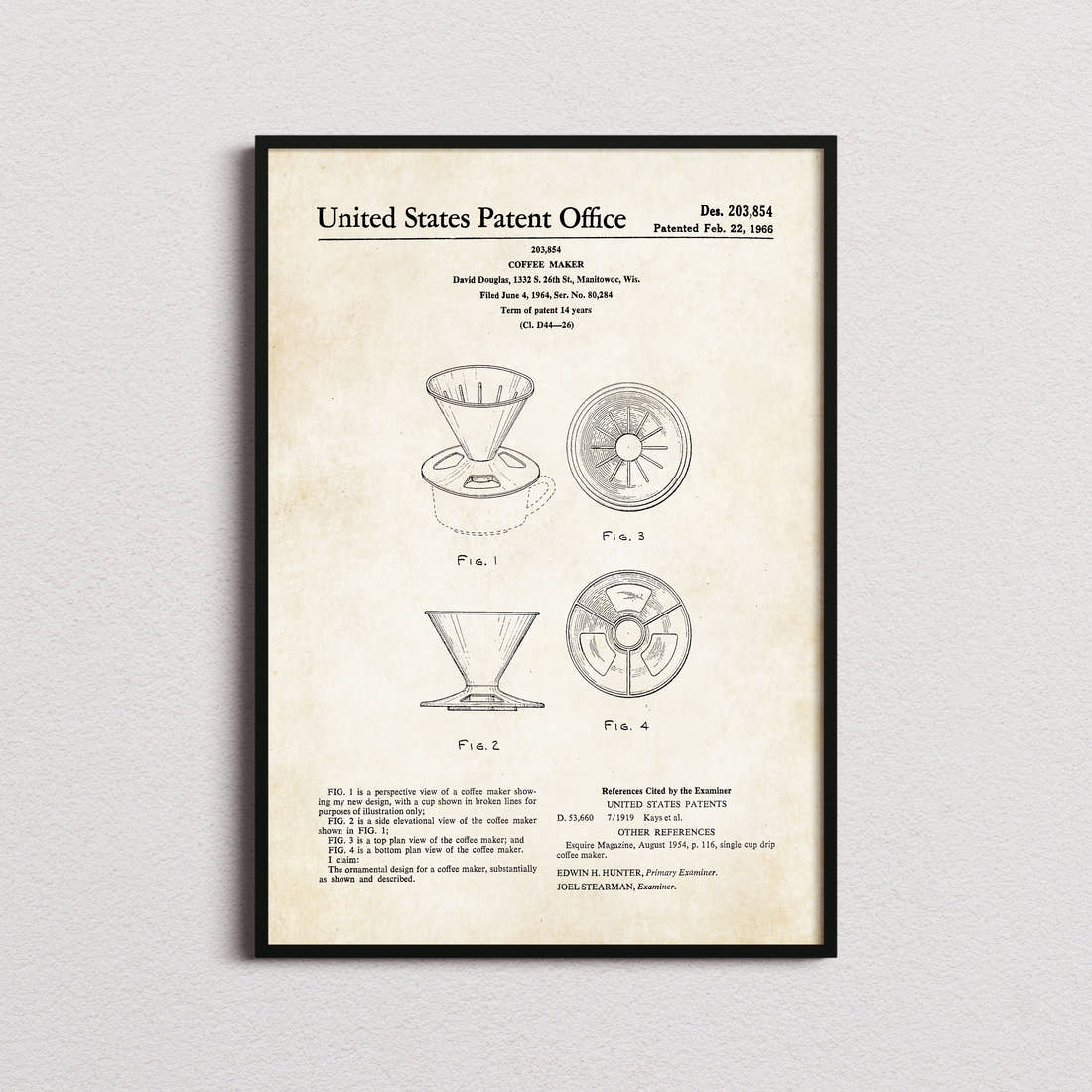 Coffee Maker V60 Dripper Patent Print in the aged paper colourway, framed