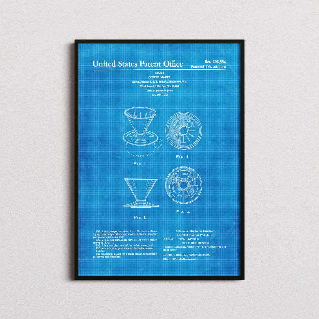 Coffee Maker V60 Dripper Patent Print in the blueprint colourway, framed