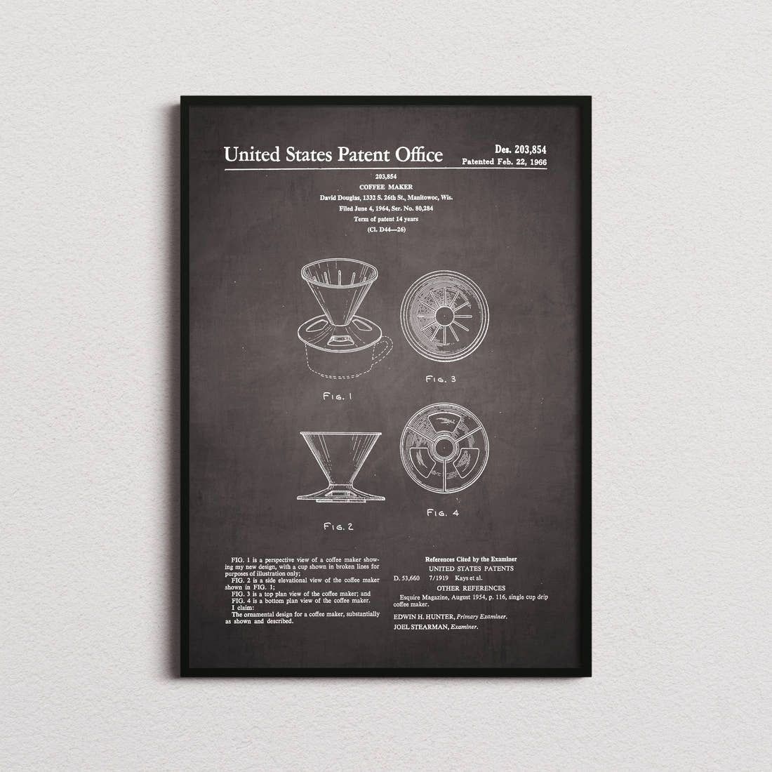 Coffee Maker V60 Dripper Patent Print in the blackboard colourway, framed