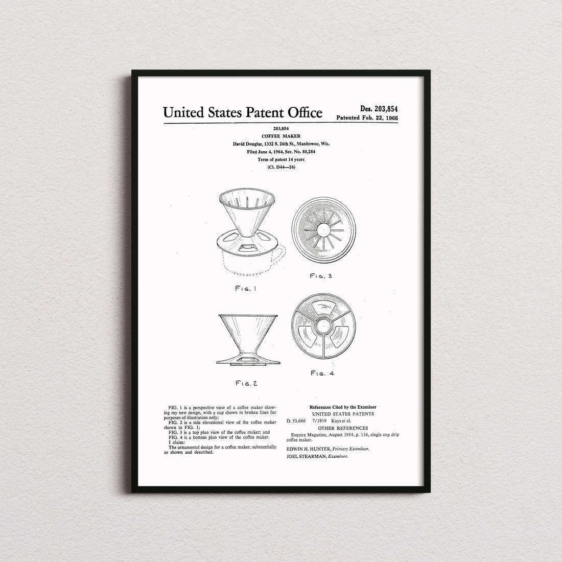 Coffee Maker V60 Dripper Patent Print in the white colourway, framed