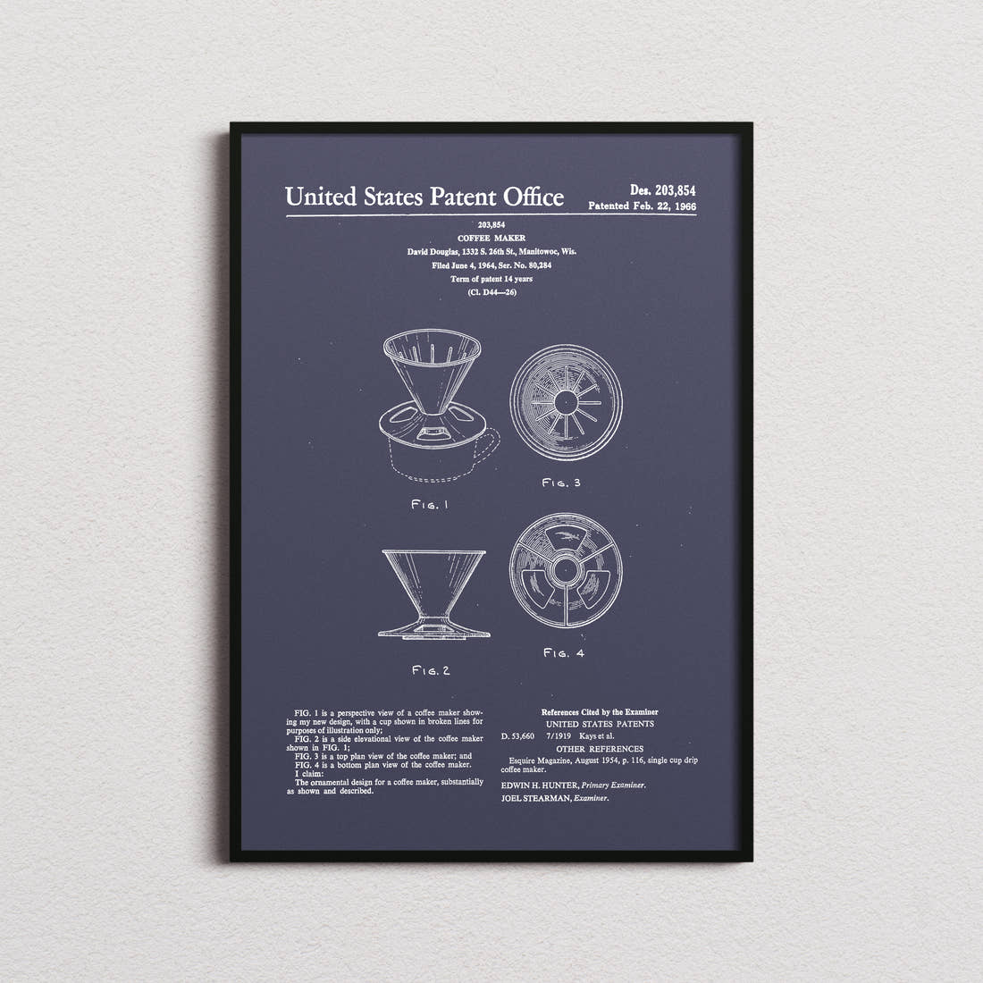 Coffee Maker V60 Dripper Patent Print in the navy colourway, framed