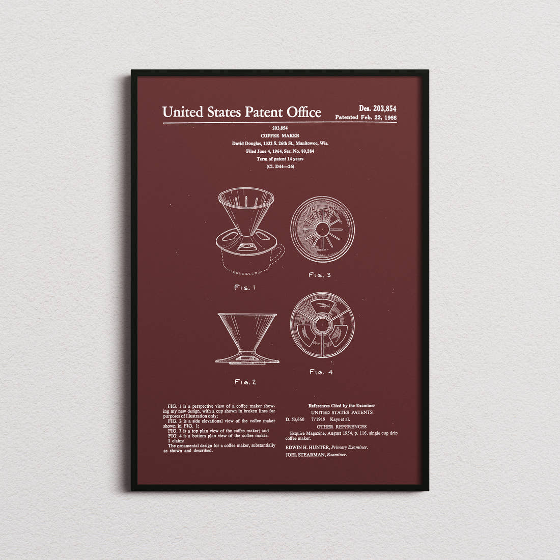 Coffee Maker V60 Dripper Patent Print in the burgundy colourway, framed