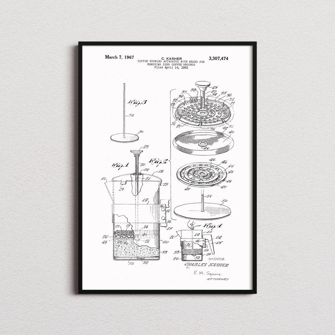 Coffee Press Patent Print in the white colourway, framed