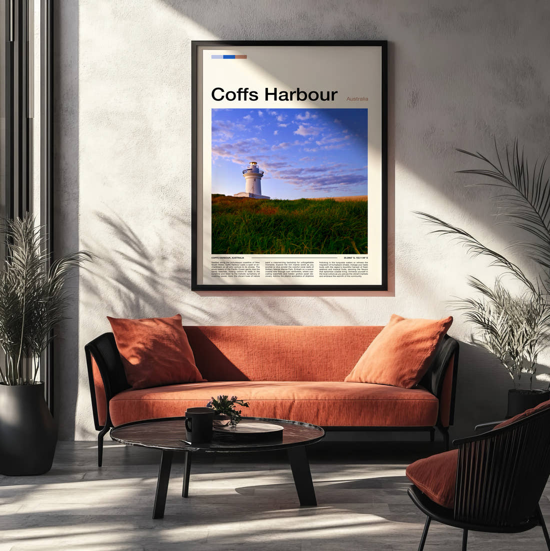 Coffs Harbour Travel Print framed on the wall of a modern living room