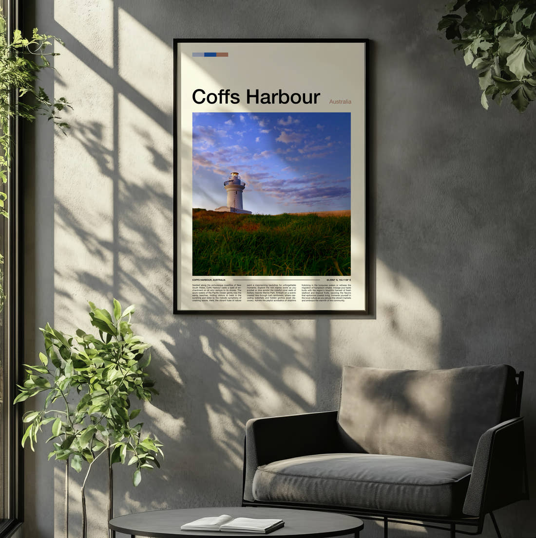 Coffs Harbour Travel Print framed on the wall of a relaxed living room