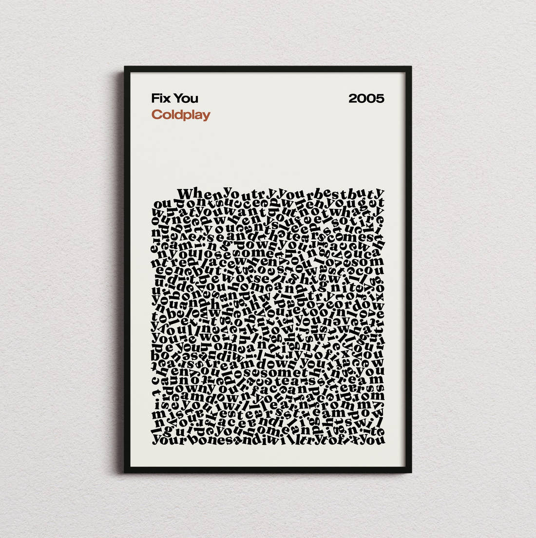 Coldplay Fix You Lyric Print in the cream colourway, framed