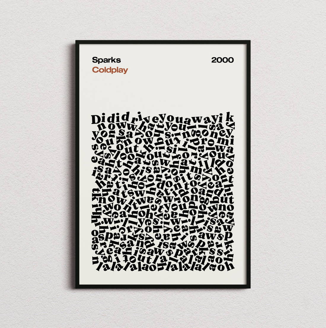 Coldplay Sparks Lyric Print in the cream colourway, framed