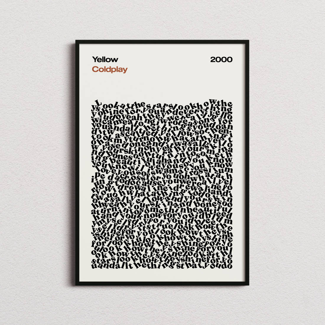 Coldplay Yellow Lyric Print in the cream colourway, framed
