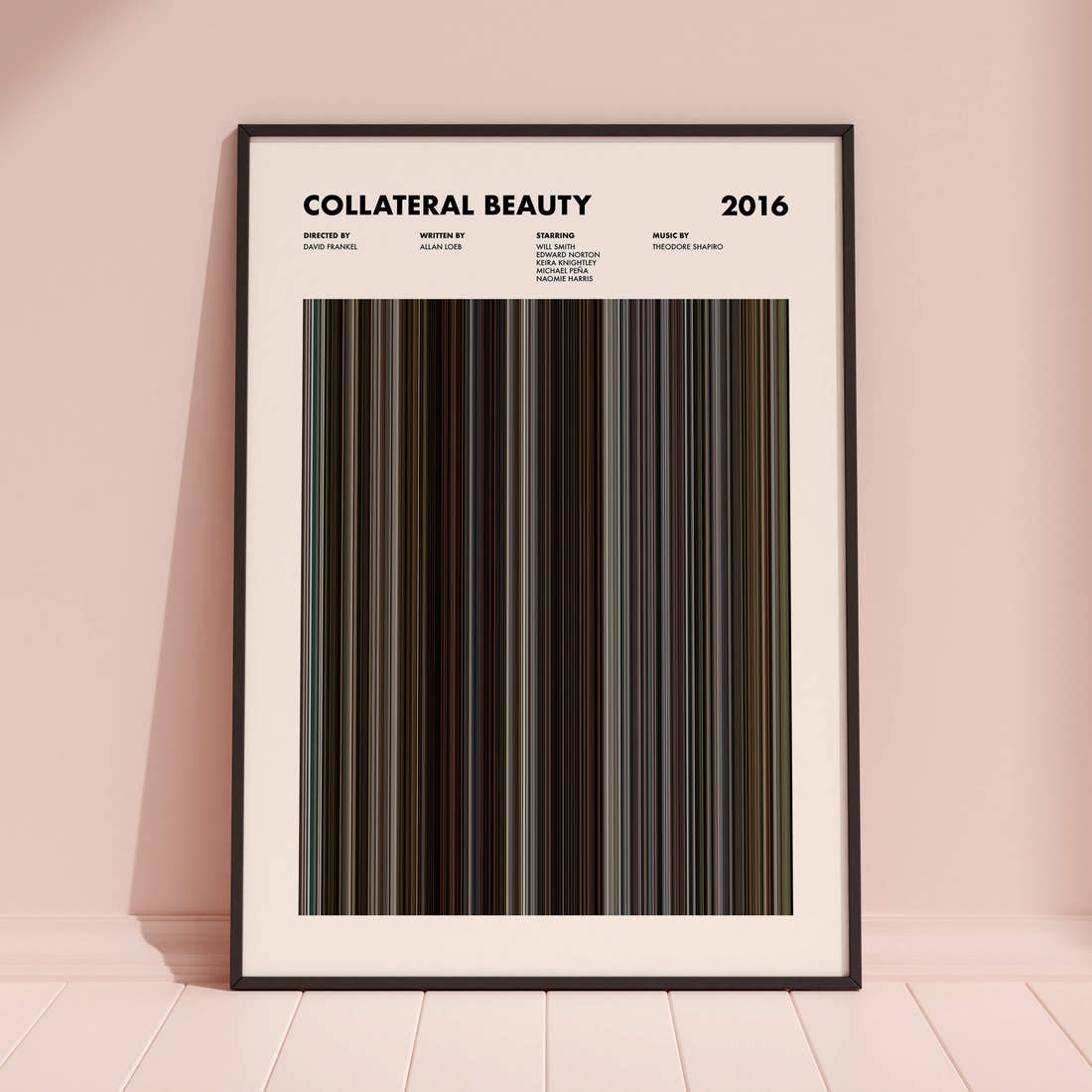 Collateral Beauty Movie Barcode Poster framed and leaning against a coloured wall
