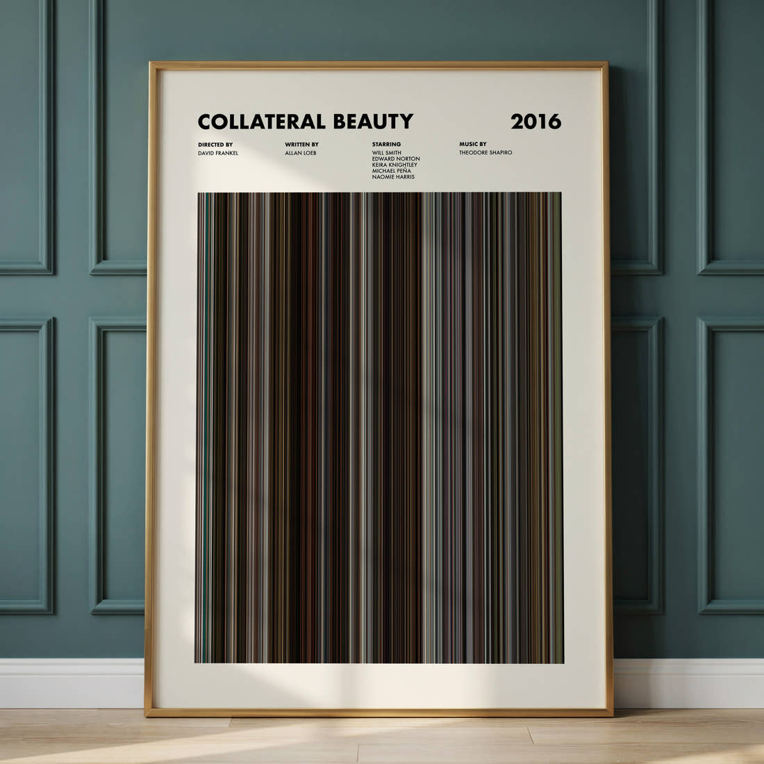 Collateral Beauty Movie Barcode Poster framed and leaning against a panelled wall