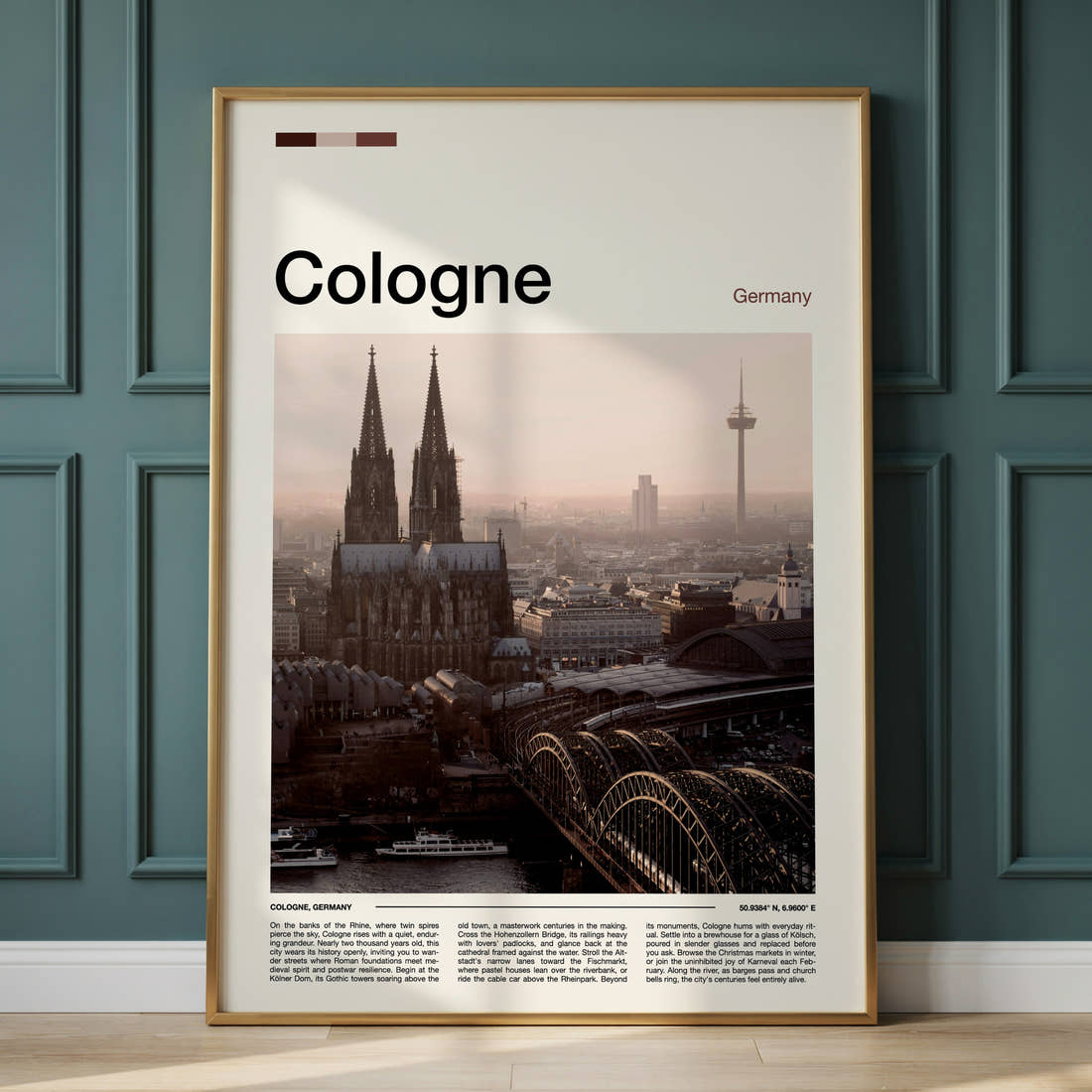 Cologne Cathedral Skyline View Travel Print framed on the wall of a calm, neutral bedroom
