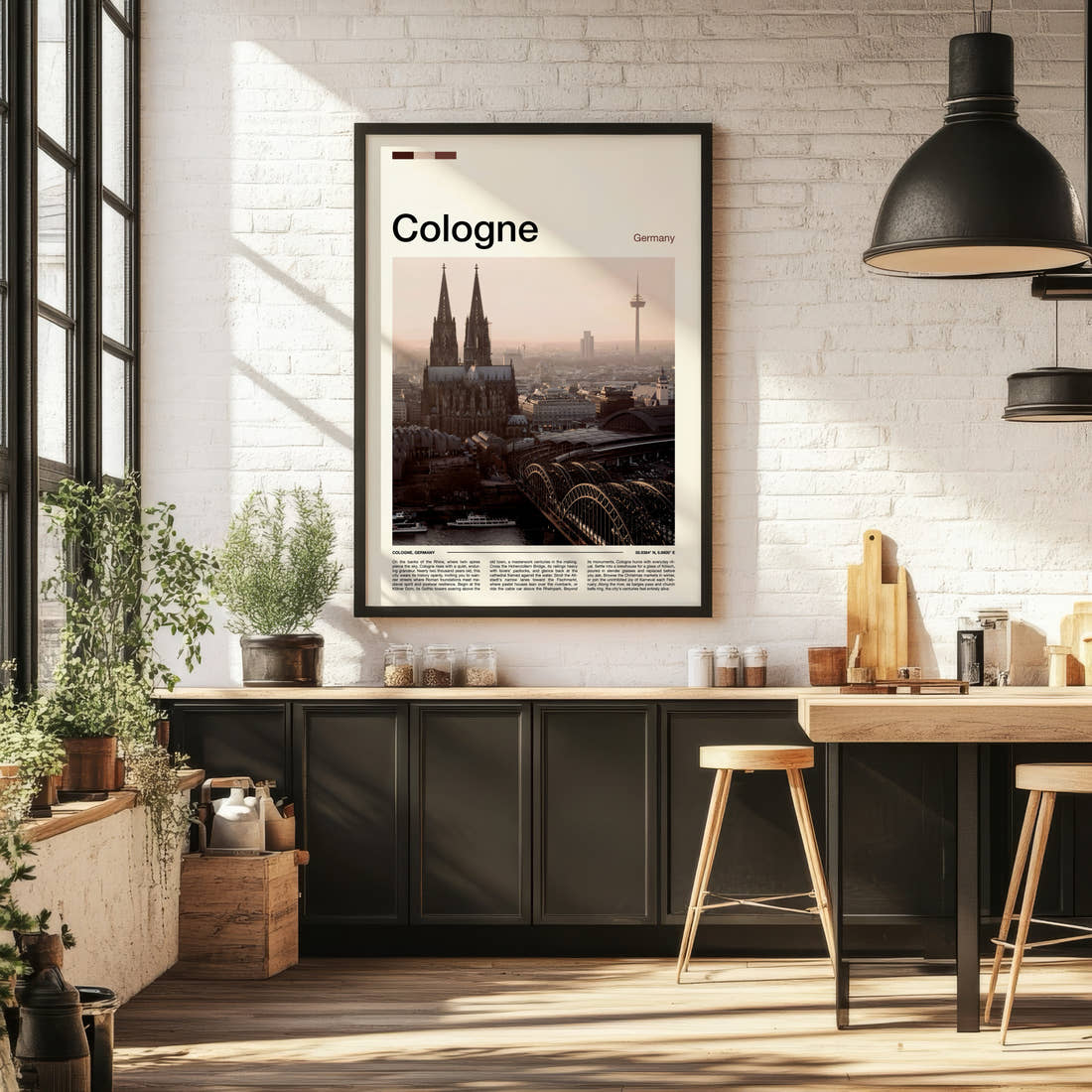 Cologne Cathedral Skyline View Travel Print framed on the wall of a bright kitchen and dining space